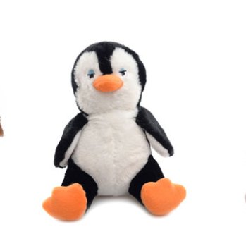 A toy dog, penguin and kitten sitting in front of a plain white background
