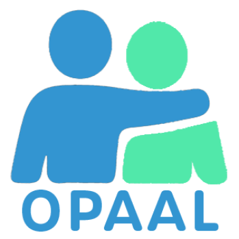 Two illustrated figures, one blue and one green. The blue figure has their arm around the green figure. Underneath are the letters O P A A L to represent the Older People's Advocacy Alliance
