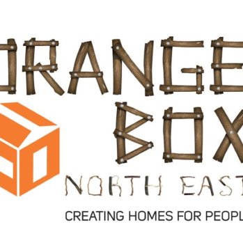 Orange Box written using sticks with small orange house in bottom left corner.