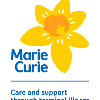 Large yellow daffodil with Marie Curie care and support through terminal illness written in blue underneath. 