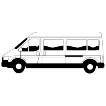 Black and white drawing of a minibus