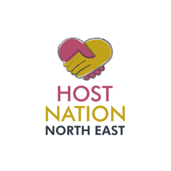 HostNation North East logo with a pink and yellow hands clasped in a handshake