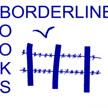 Borderline Books written in capital blue letters on white background with image of bird flying over a barbed wire fence.