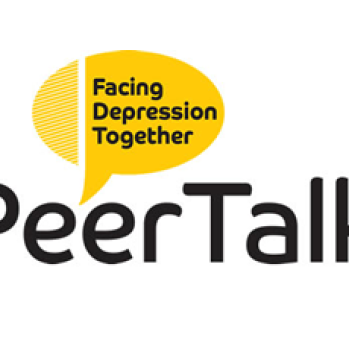 Yellow speech bubble saying facing depression together over black lowercase Peer Talk.