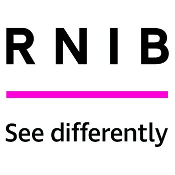 RNIB logo - RNIB in black capitals on white background.  See differently in lower case under a neon pink line. 