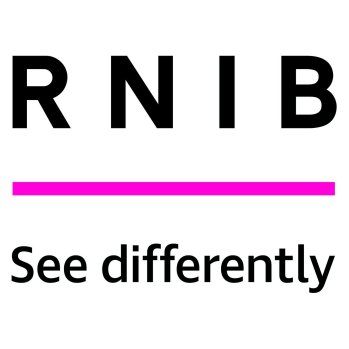 RNIB written in black capital letters, see differently written underneath a pink neon line.h