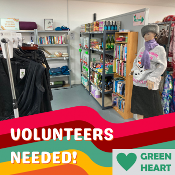 Volunteers needed at Green Heart on Gateshead High Street - colourful swirls overlay preloved second hand shop