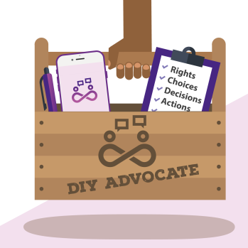 Cartoon of a toolbox held above the ground, containing a phone, pen, and a checklist with the words 'Rights, Choices, Decisions, Actions' each ticked off. The toolbox is engraved with the CV Advocacy logo 