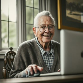 An older man smiling using a laptop 