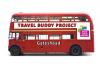 A picture of a red double decker bus with Travel Buddy Project written on the side 