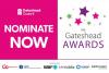 To one side, the council logo and large text reading 'Nominate NOW' on a bright pink background. To the right, oloured cut out stars above text reading The Gateshead AWARDS 2022. Below a list of supporting charities.